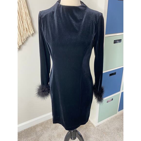 Vintage Black Velvet Feather Long Sleeved Cocktail Mini Dress Glam Witchcore 10 - Picture 2 of 7